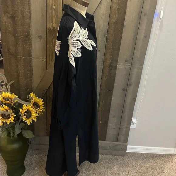 Anthro Embroidered Black Cover Up Dress Cotton Oversized Boho Beach - Picture 11 of 16